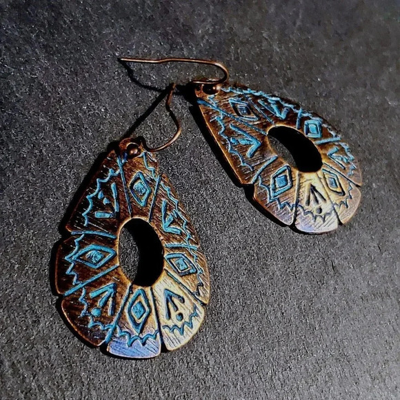 Antique Copper Verdigris Blue Green Patina Carved Open Teardrop Earrings - Picture 1 of 7